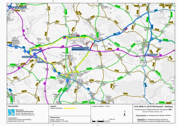 B 22, Erneuerung der Fahrbahndecke südlich Schwarzach, Umleitungsplan BA 1