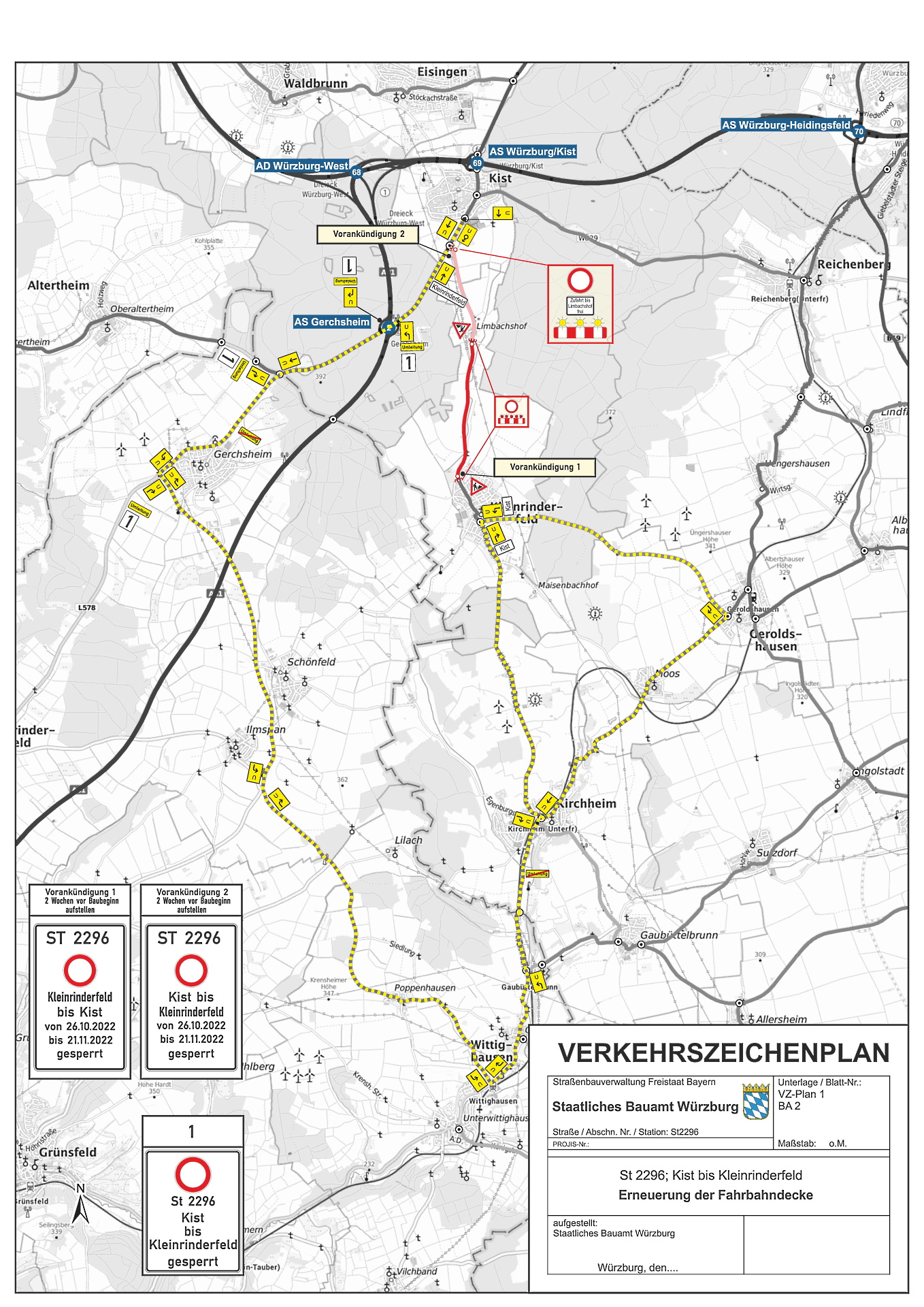 St 2296, Kist bis Kleinrinderfeld; Erneuerung der Fahrbahndecke; Übersichtskarte. St 2296, Kist bis Kleinrinderfeld; Erneuerung der Fahrbahndecke; Übersichtskarte.